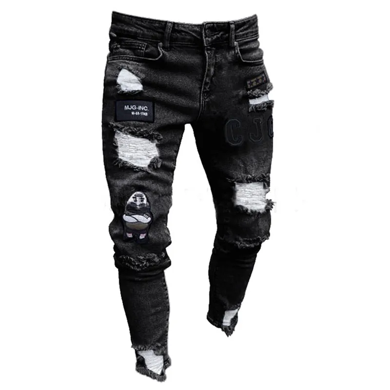 3 Styles Men Stretchy Ripped Skinny Biker Embroidery Print Jeans Destroyed Hole Taped Slim Fit Denim Scratched High Quality Jean