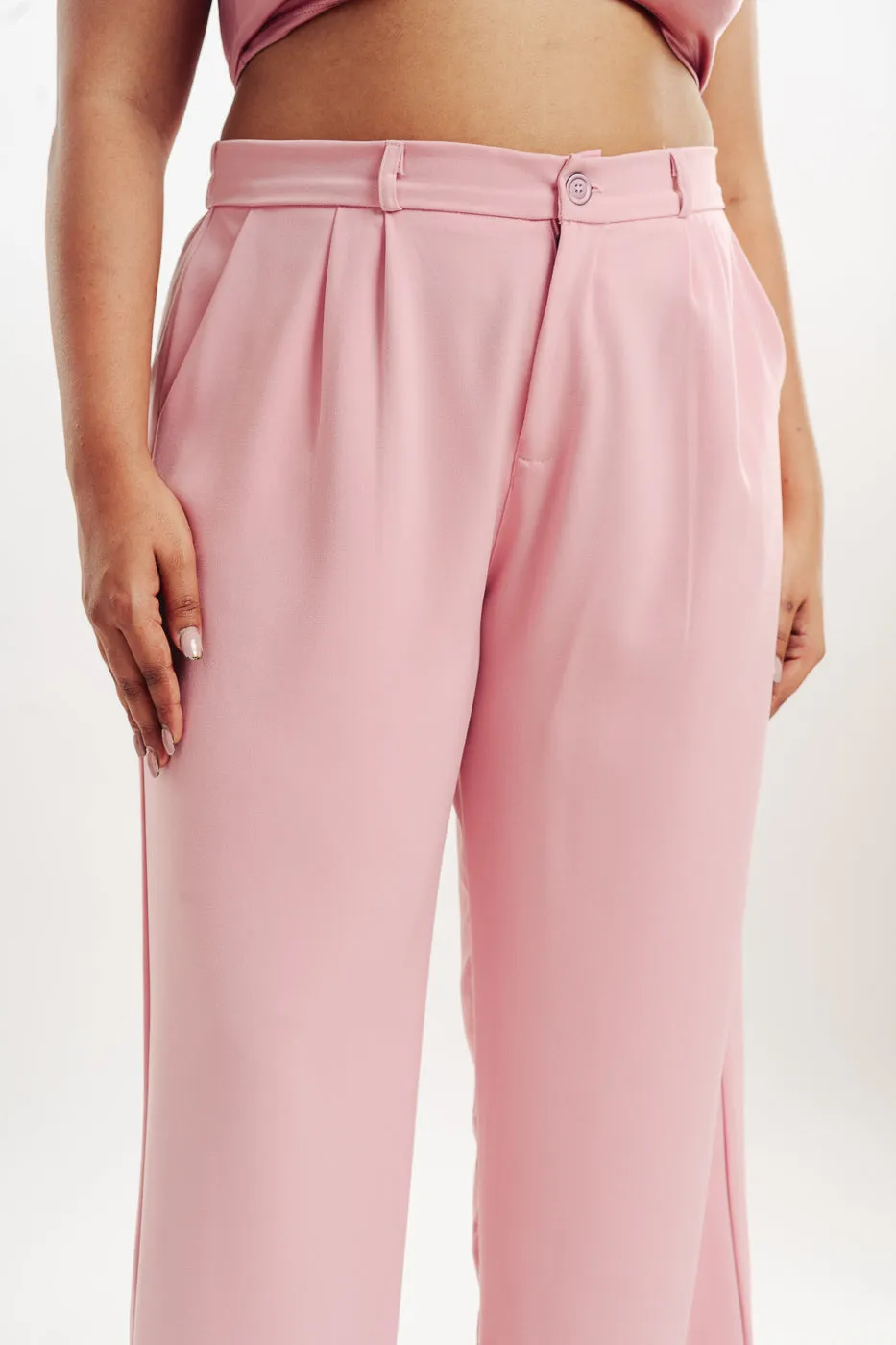 Baby Pink Pleated Straight Fit Curve Korean Pant