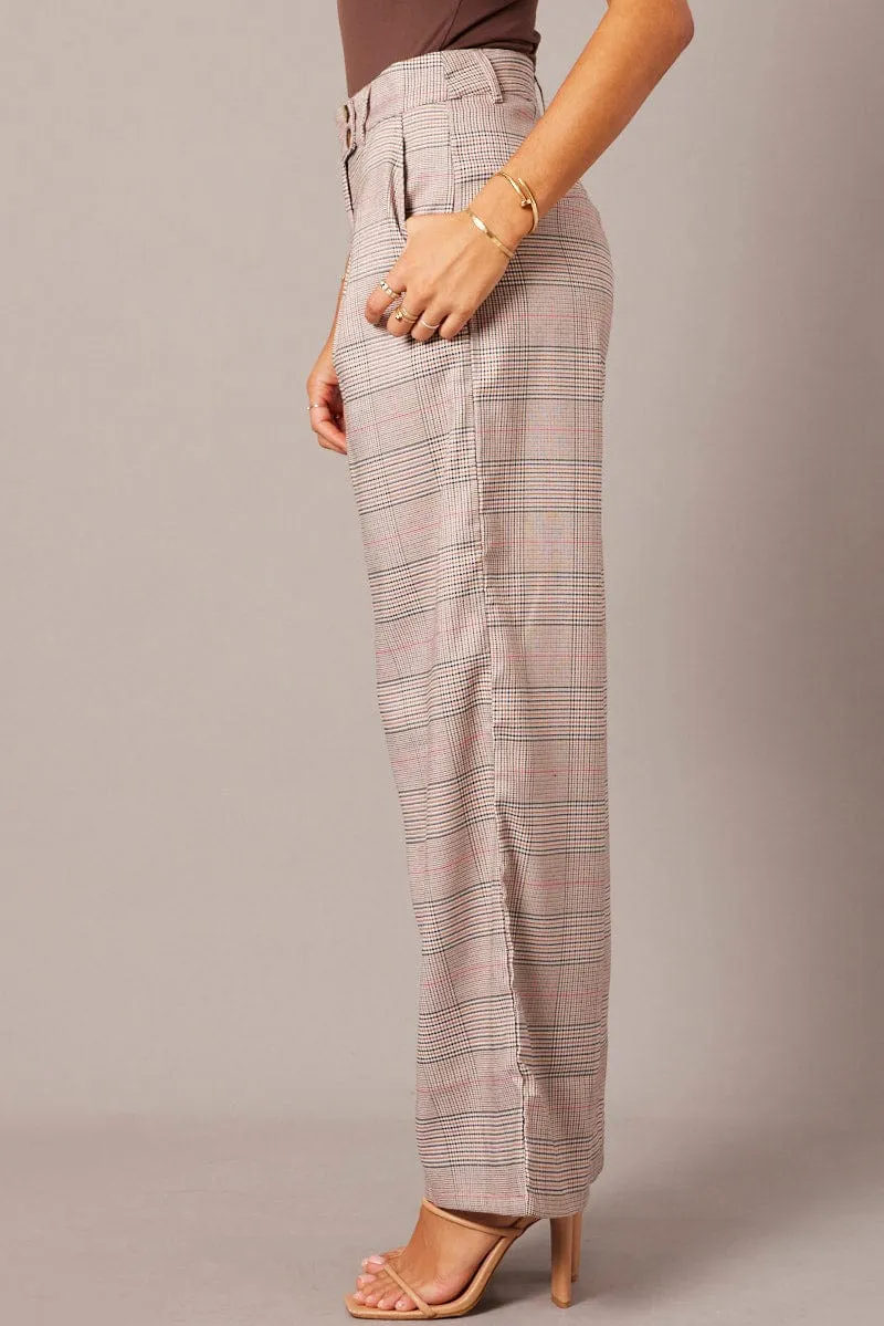 Beige Check Wide Leg Pants Tailored