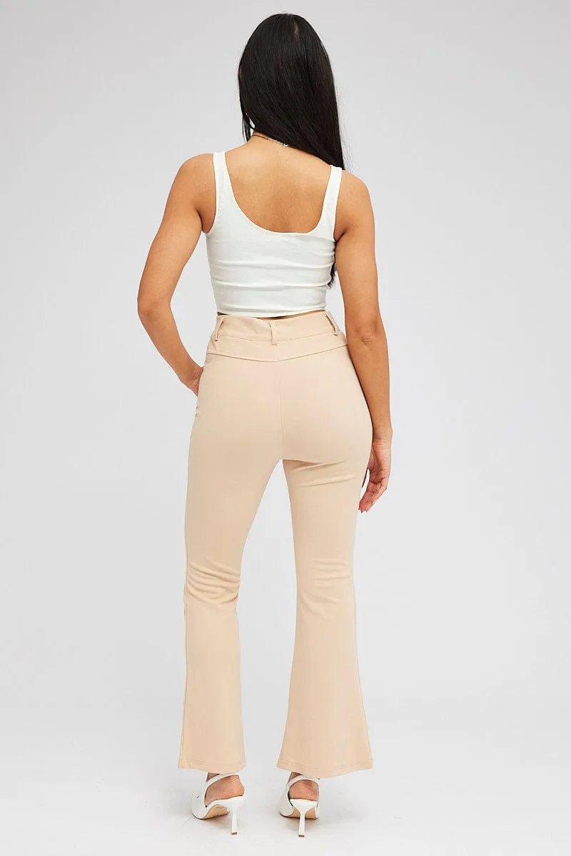 Beige Flare Leg Pants High Rise