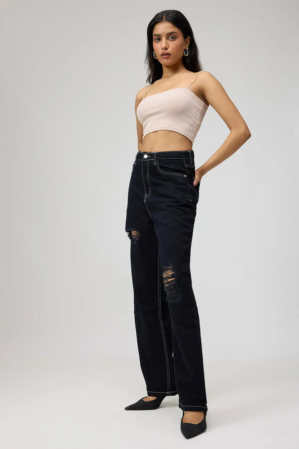 Black High-Rise Distressed Straight Leg Jeans