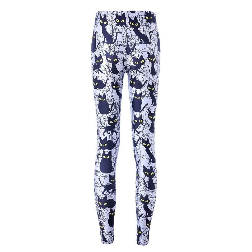 Black Kitty Cat All Over Collage Photo Print Legging Pants for Women in Grey