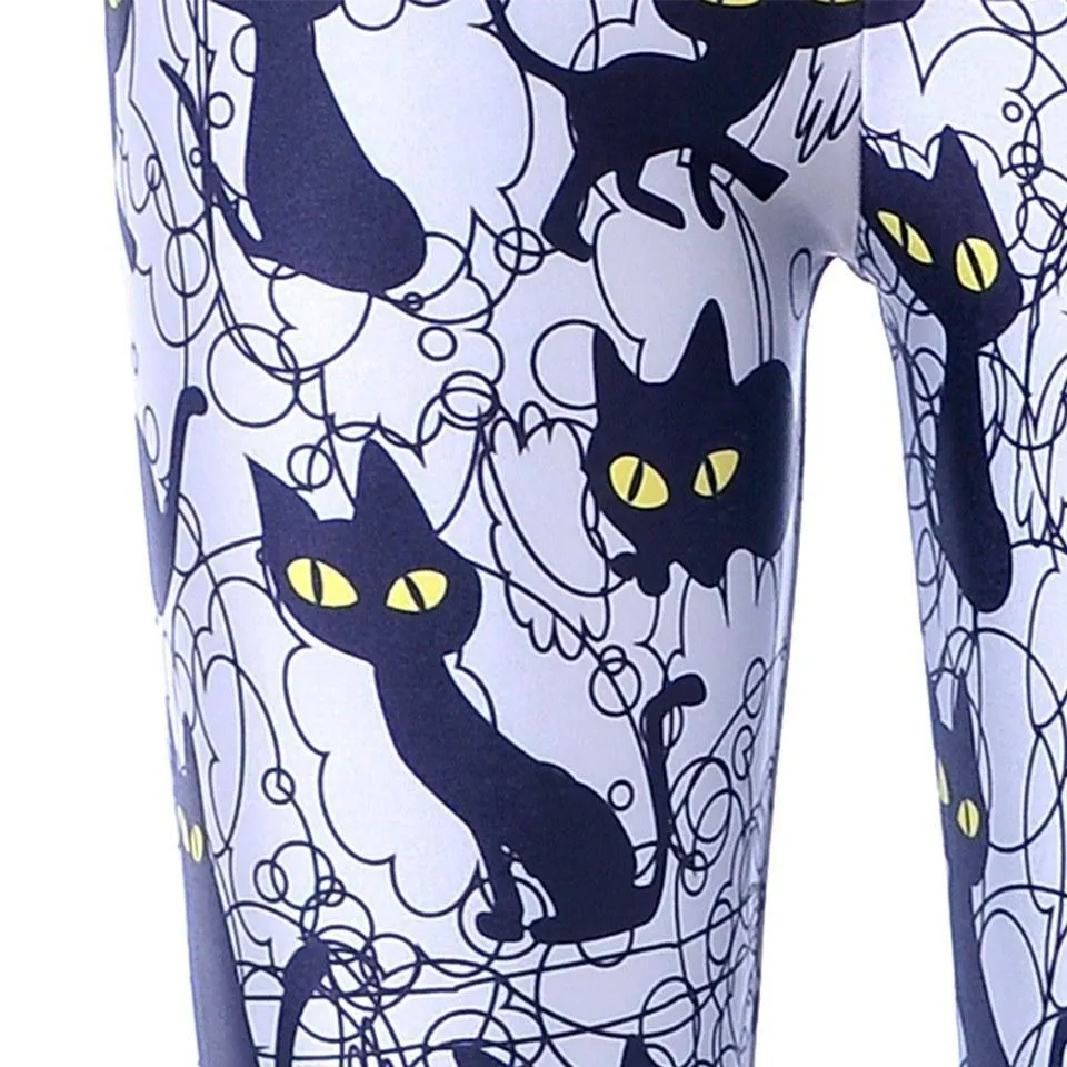 Black Kitty Cat All Over Collage Photo Print Legging Pants for Women in Grey