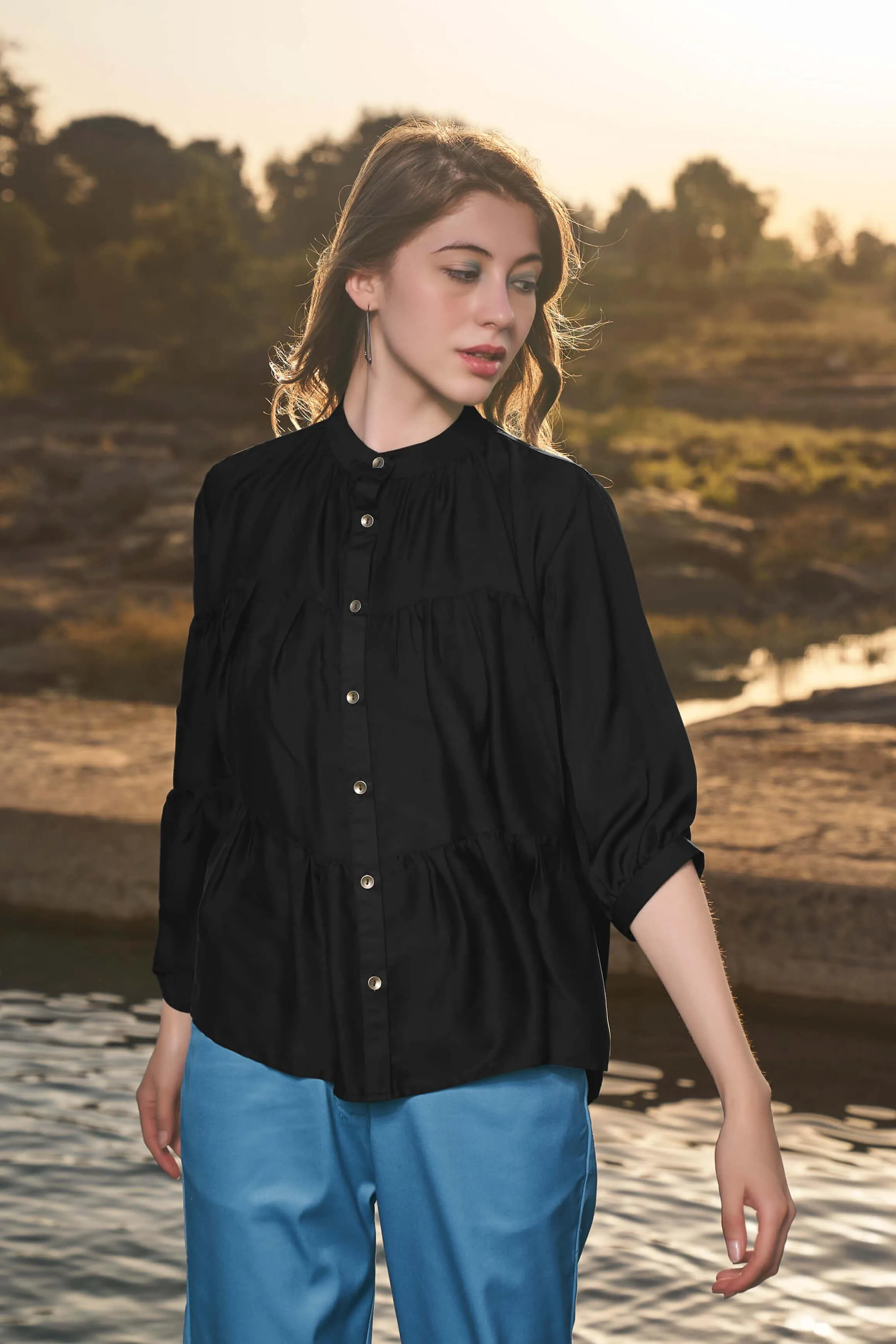 Black Two Tiered Gathered Detail Casual Shirt