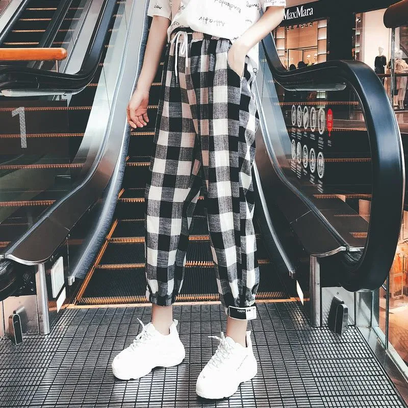 Black White Plaid Harem Pants Loose Drawstring