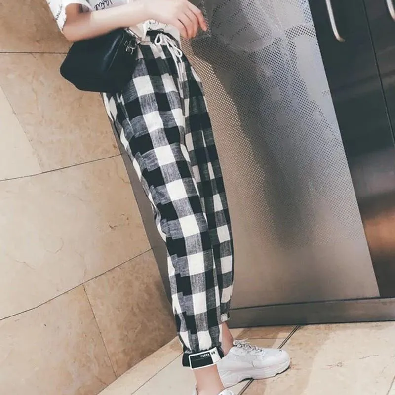 Black White Plaid Harem Pants Loose Drawstring