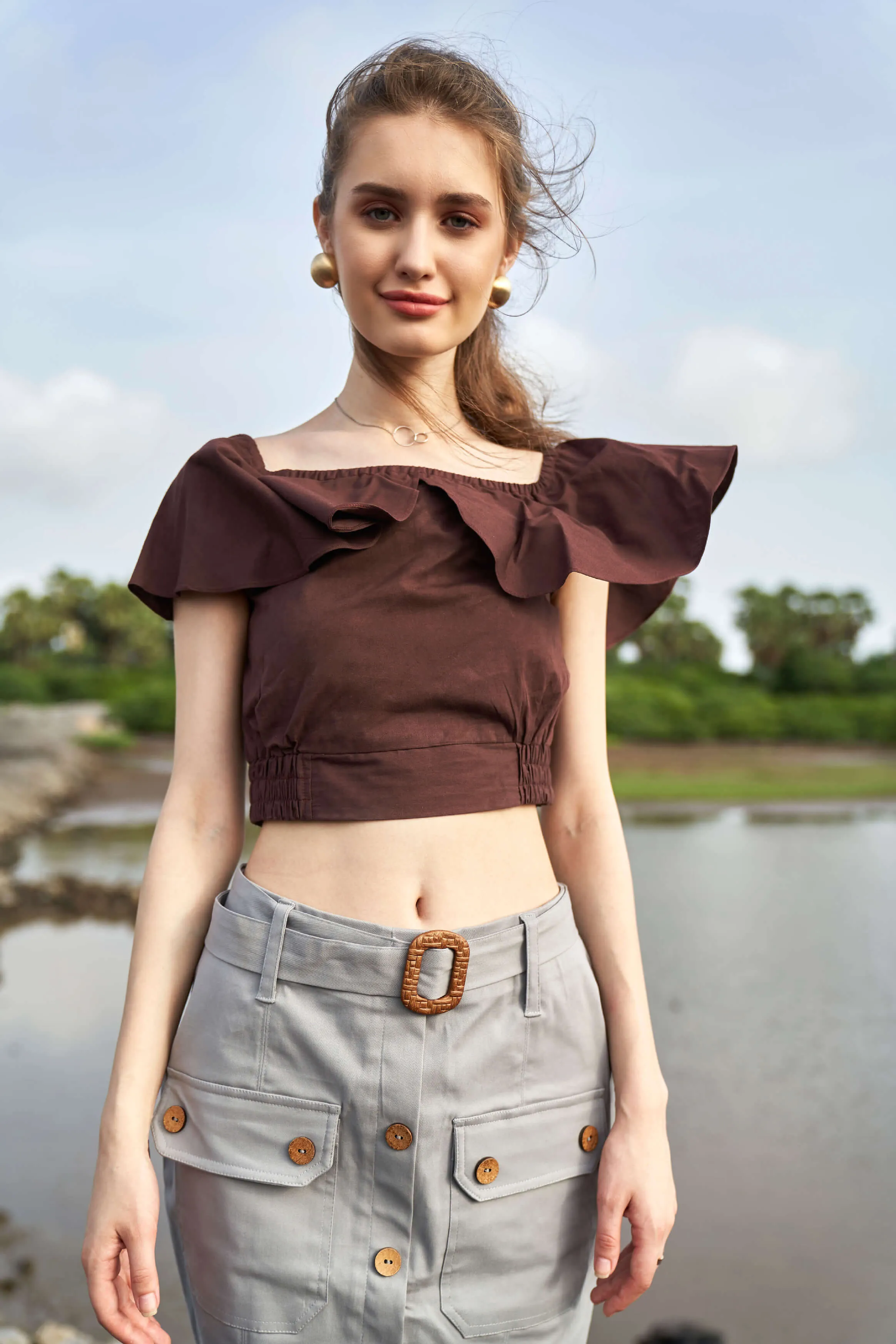 Brown Boat Neck Top