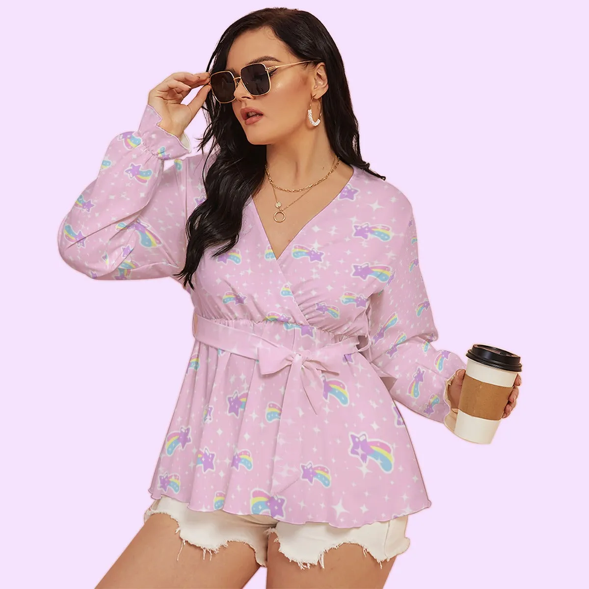 Bubblegum Bunny Shooting Stars Women's V-neck Long Sleeve Blouse With Waistband