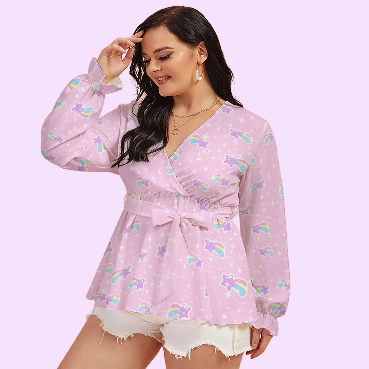 Bubblegum Bunny Shooting Stars Women's V-neck Long Sleeve Blouse With Waistband