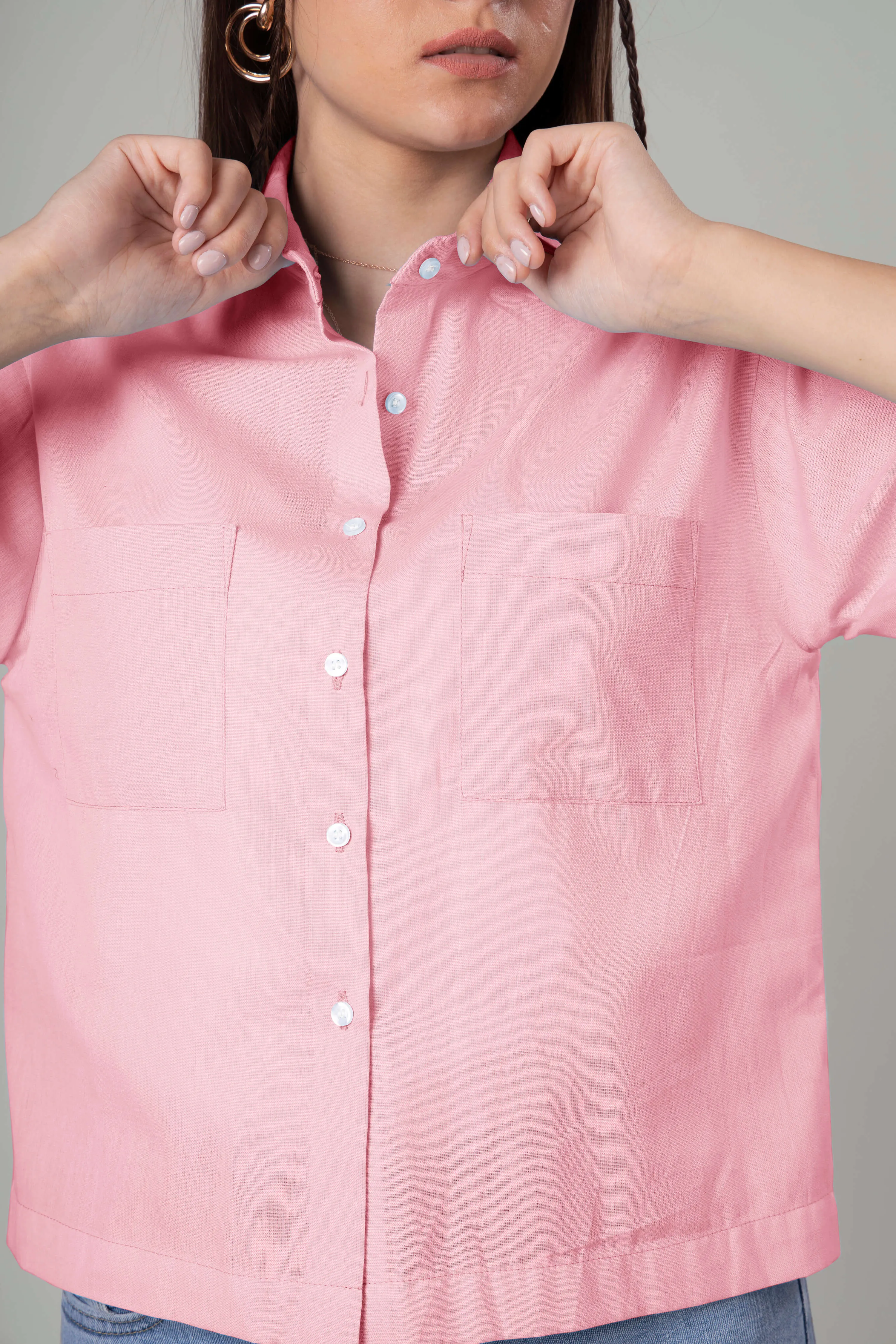 Classic Plain Short Cotton Shirt For Women