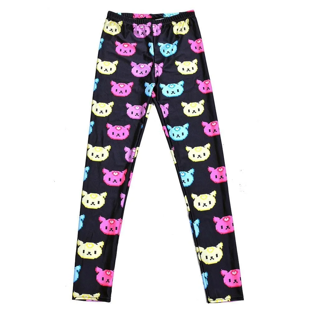 Colorful Kitty Cat Face All Over Collage Print Legging Pants for Women on Black