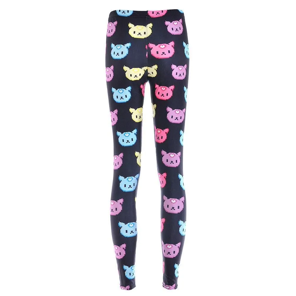 Colorful Kitty Cat Face All Over Collage Print Legging Pants for Women on Black