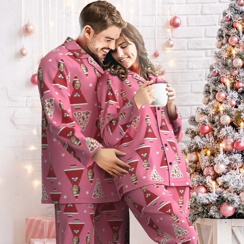 Custom Face Christmas House Pajamas Personalised Pink Santa Pajamas Women Men Set Christmas Gift