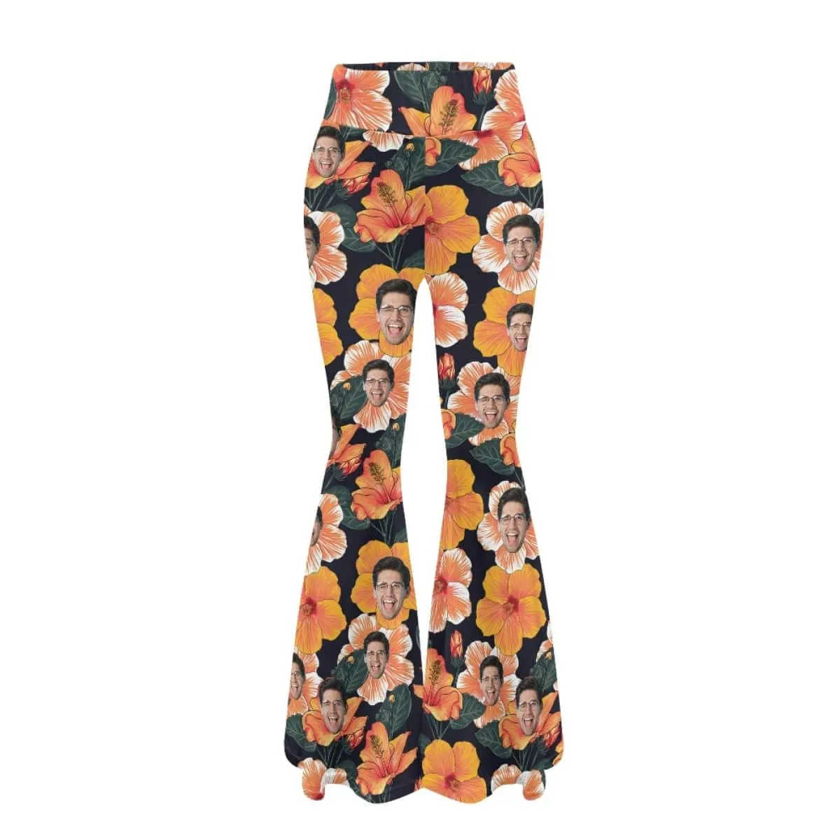 Custom Face Orange Flowers Flare Yoga Pants for Women Soft High Waist Bootcut Leggings