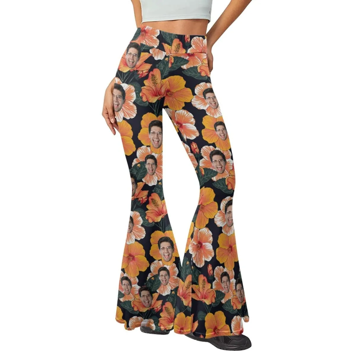 Custom Face Orange Flowers Flare Yoga Pants for Women Soft High Waist Bootcut Leggings