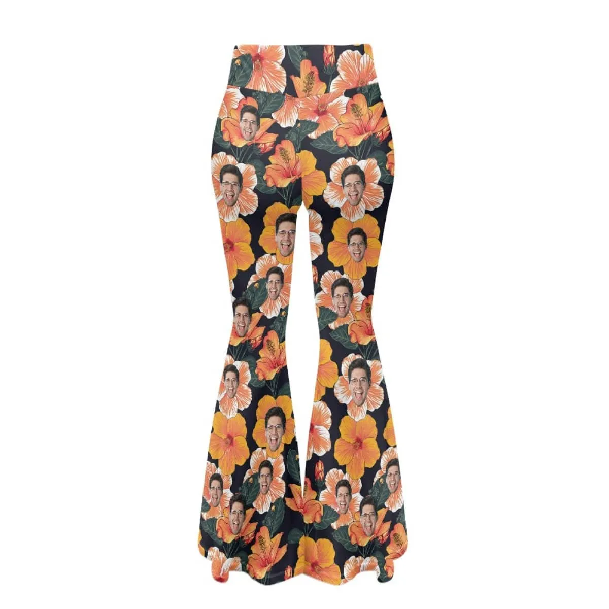 Custom Face Orange Flowers Flare Yoga Pants for Women Soft High Waist Bootcut Leggings