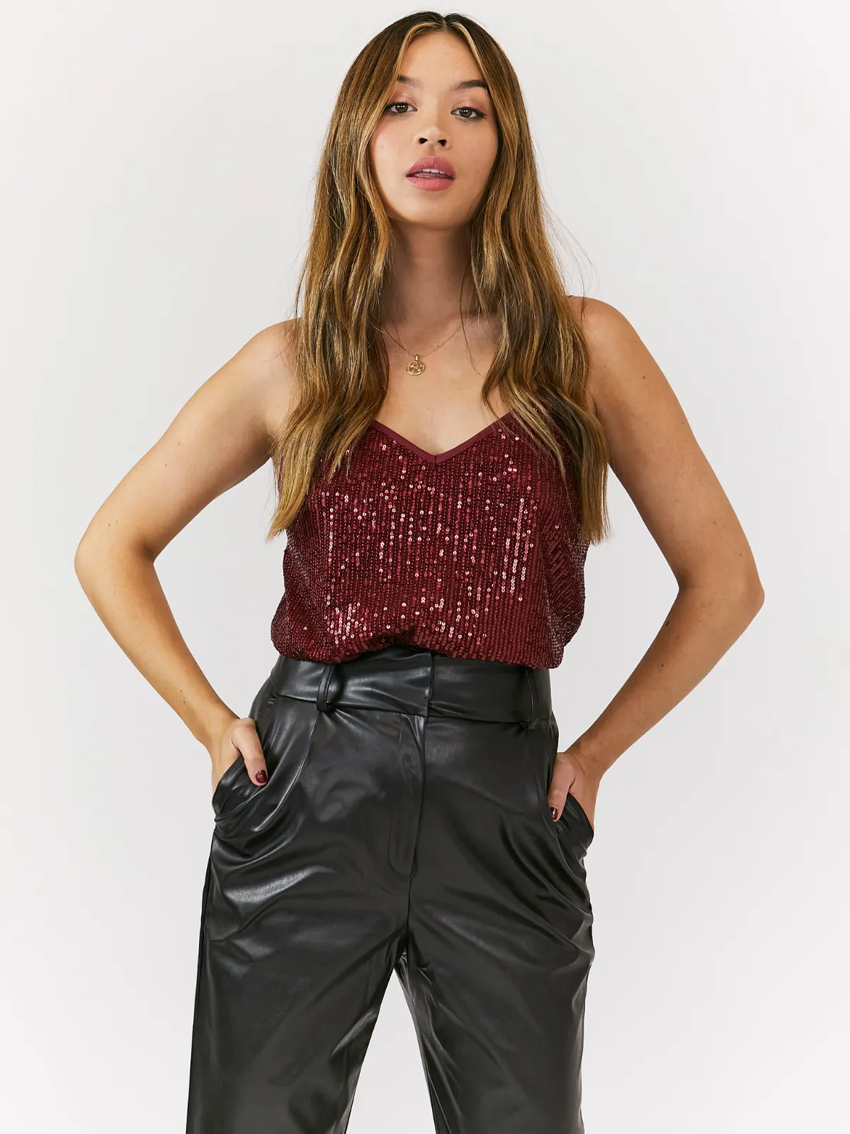 Daya Sequin V Neck Top / Burgundy