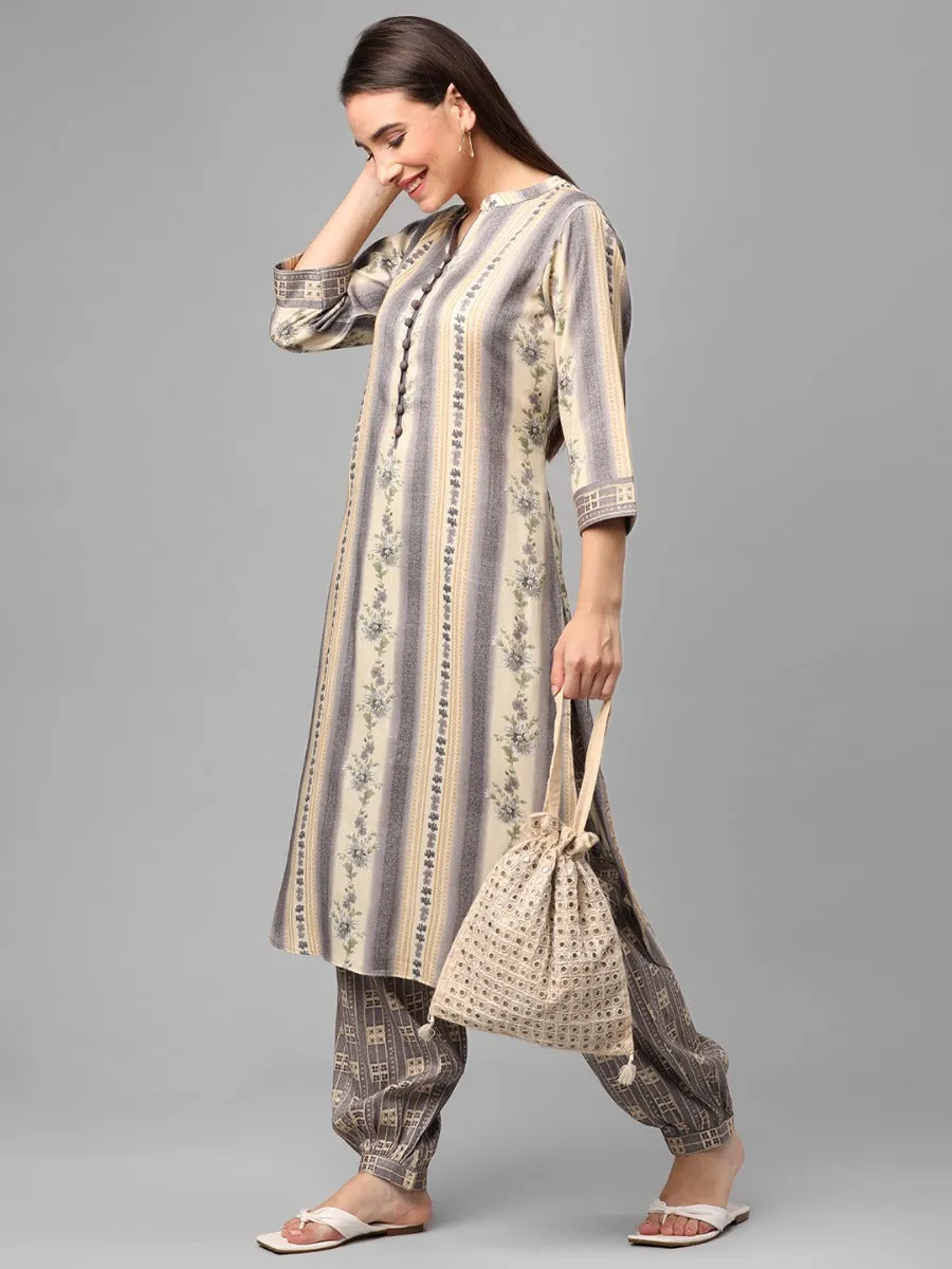 Grey Floral Printed Kurta With Harem Pant