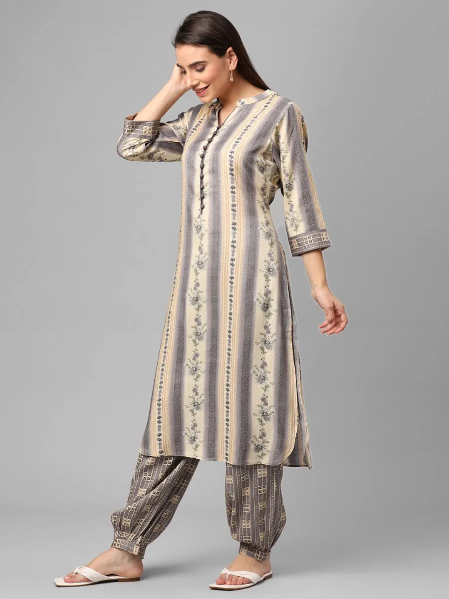 Grey Floral Printed Kurta With Harem Pant