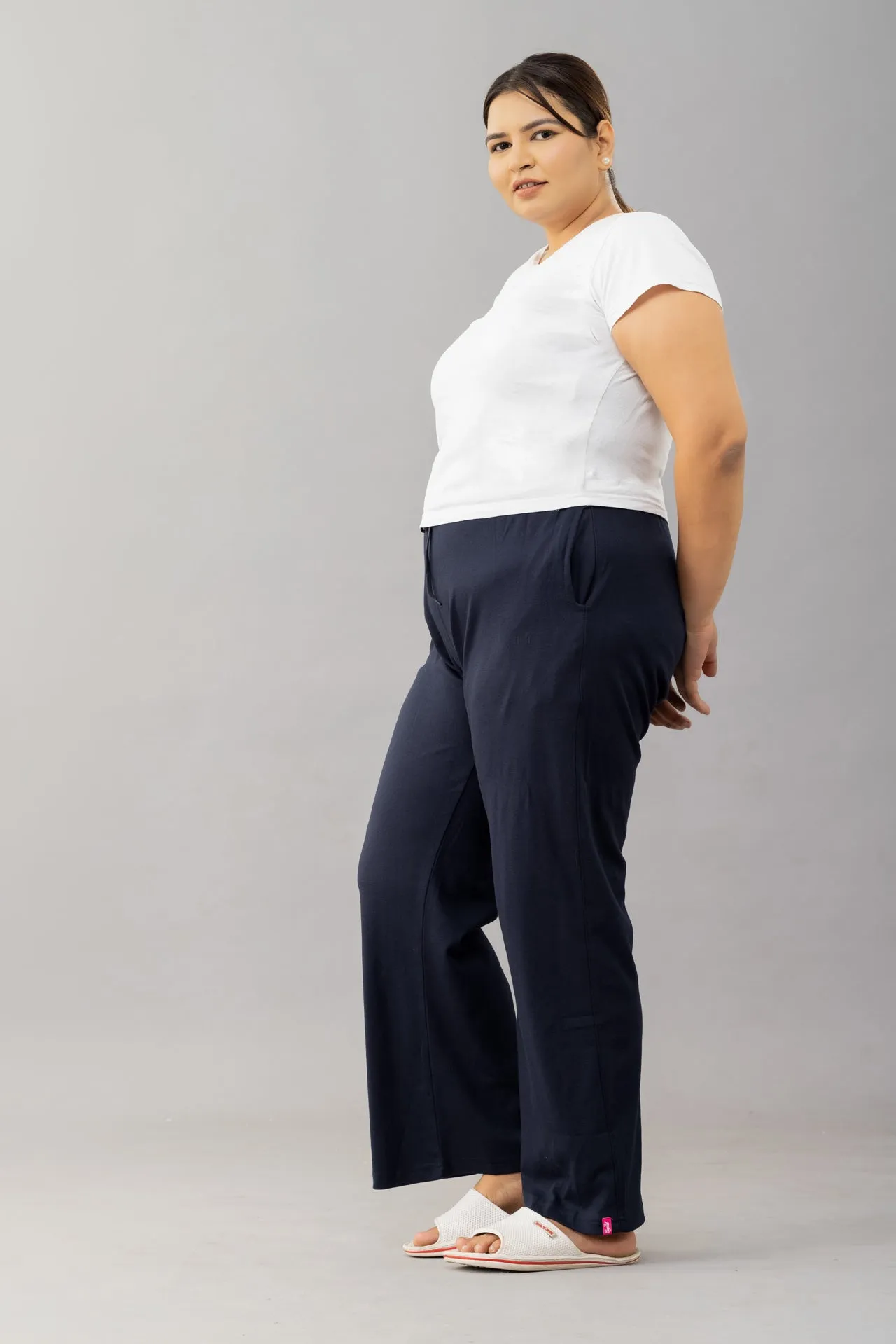 High Rise Cotton Straight Navy Blue Trackpants( Available in Plus Size)