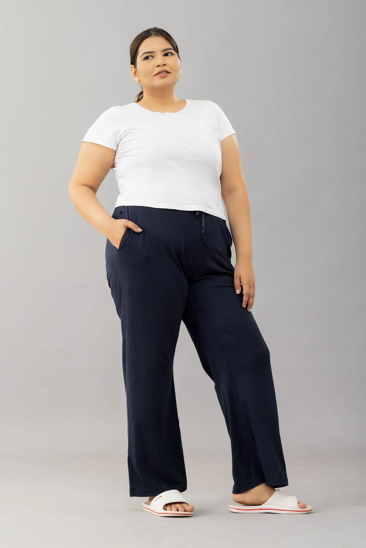 High Rise Cotton Straight Navy Blue Trackpants( Available in Plus Size)