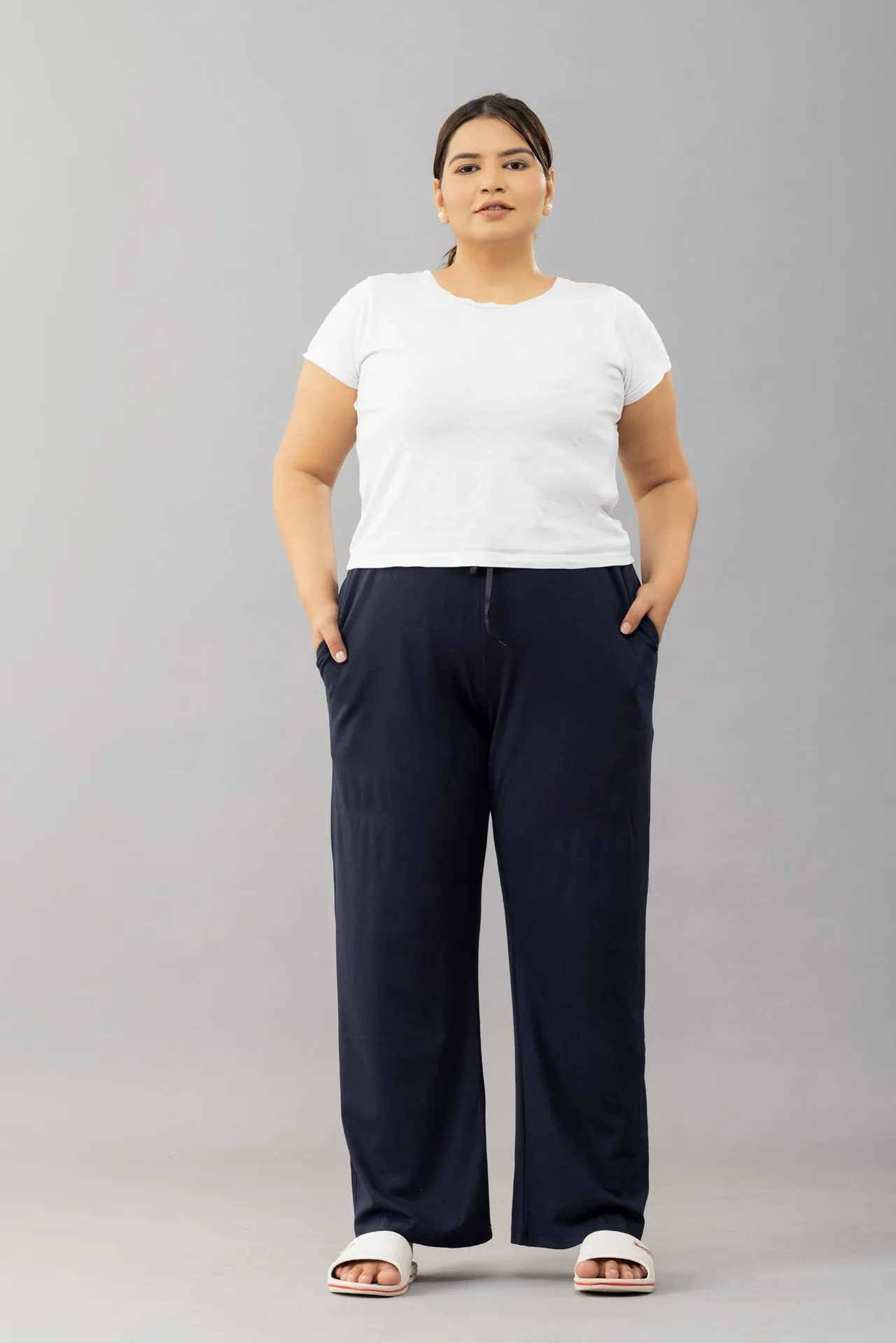 High Rise Cotton Straight Navy Blue Trackpants( Available in Plus Size)