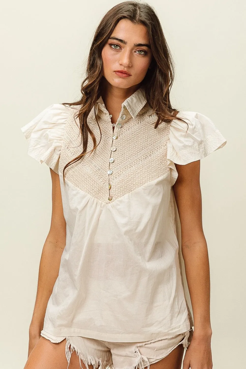 Ivory Half Button Collared Neck Short Sleeve Top