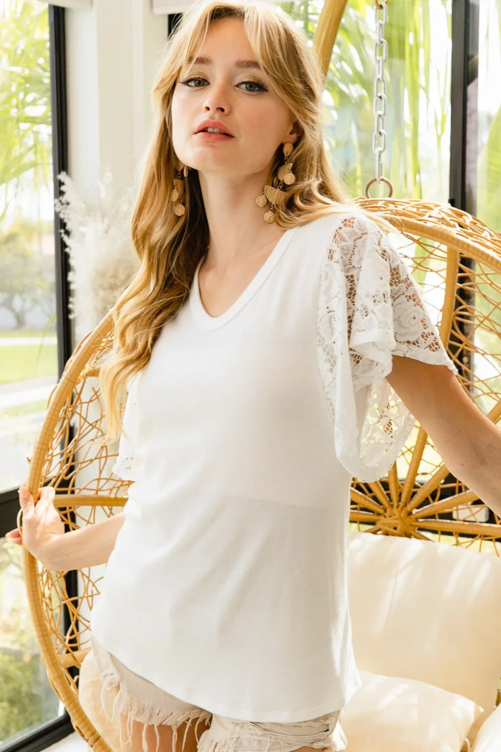 Ivory Lace Detail Ruffled V-Neck Blouse