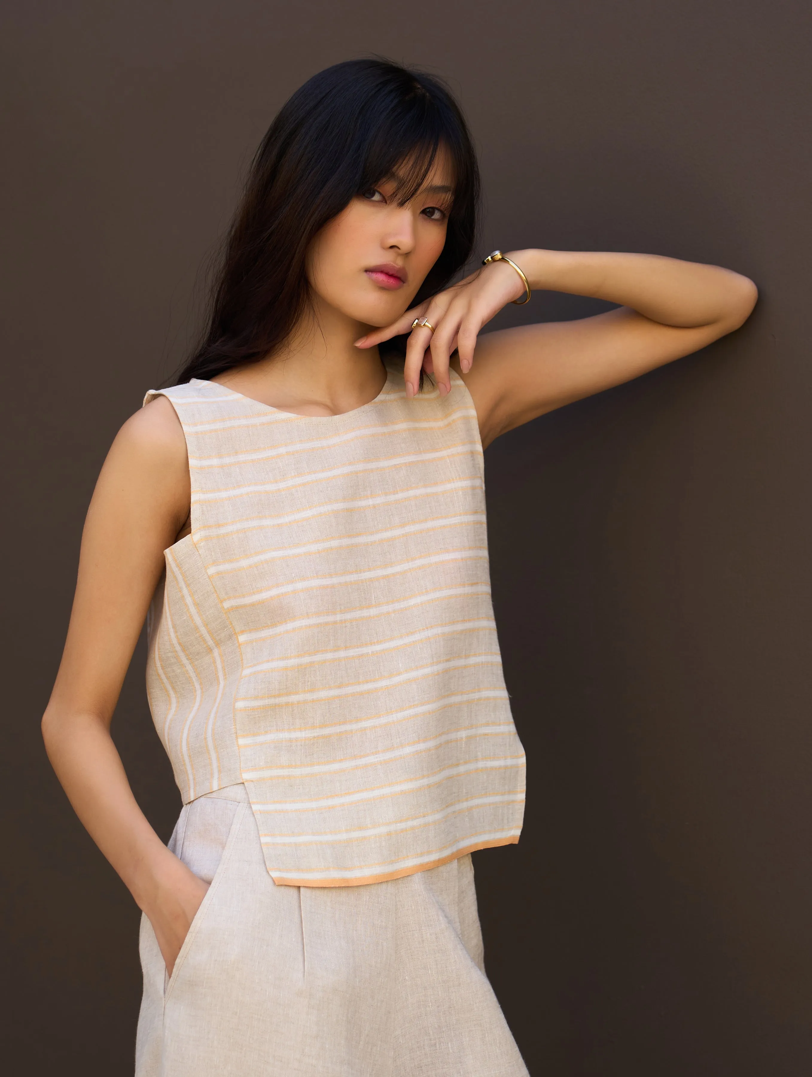 Jiho Striped Linen Crop Top - Natural