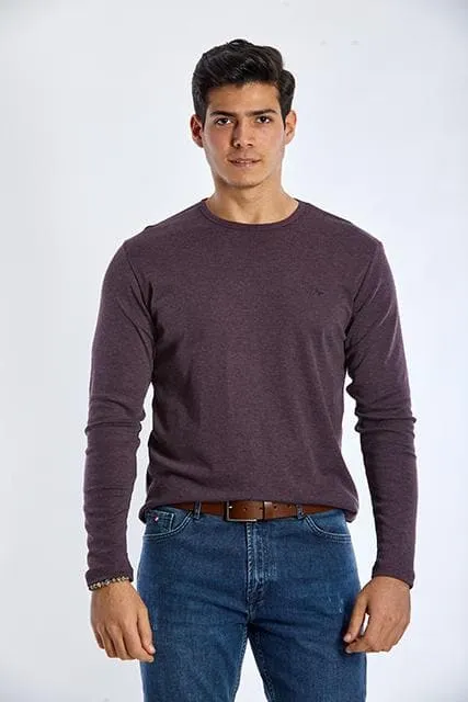 Long Sleeve Round Neck Plain T-Shirt - DARK WINE