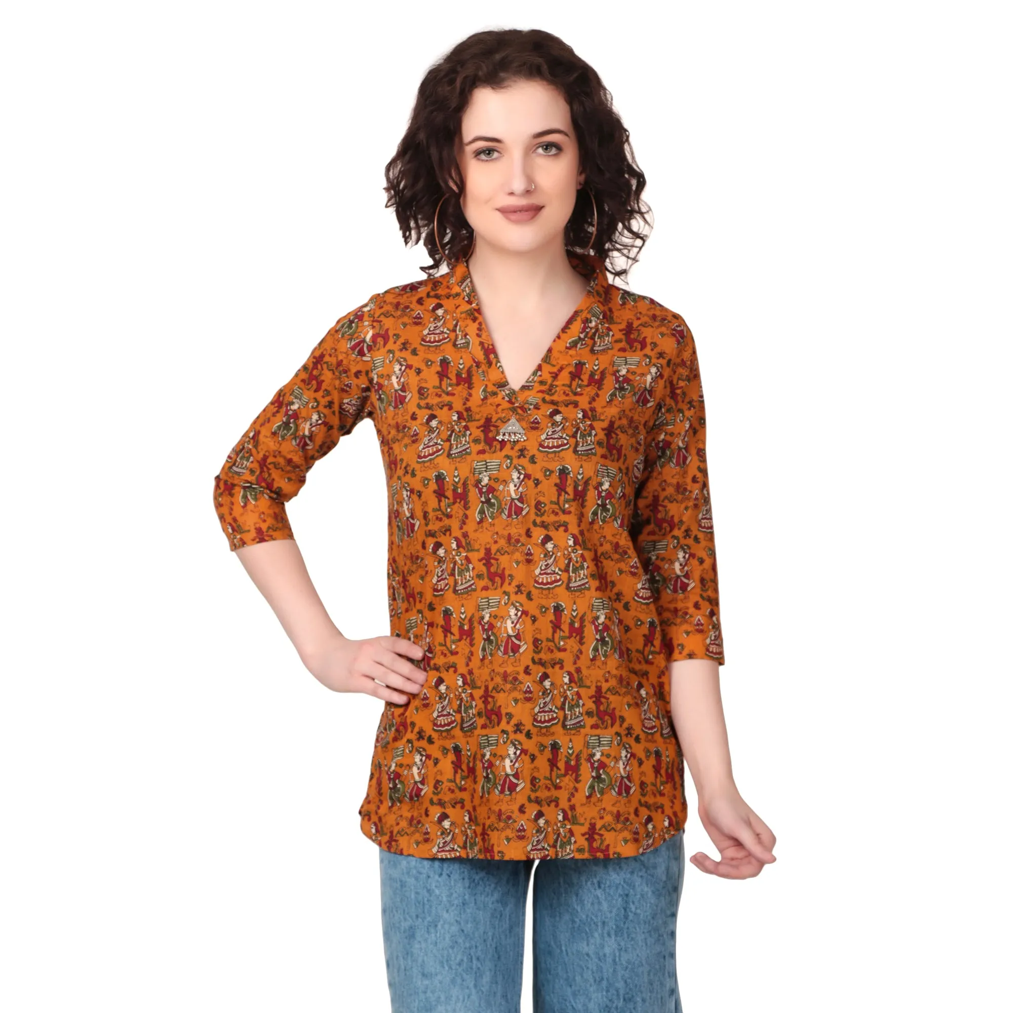 Magnetism Yellow Kalamkari Short Kurti for Women