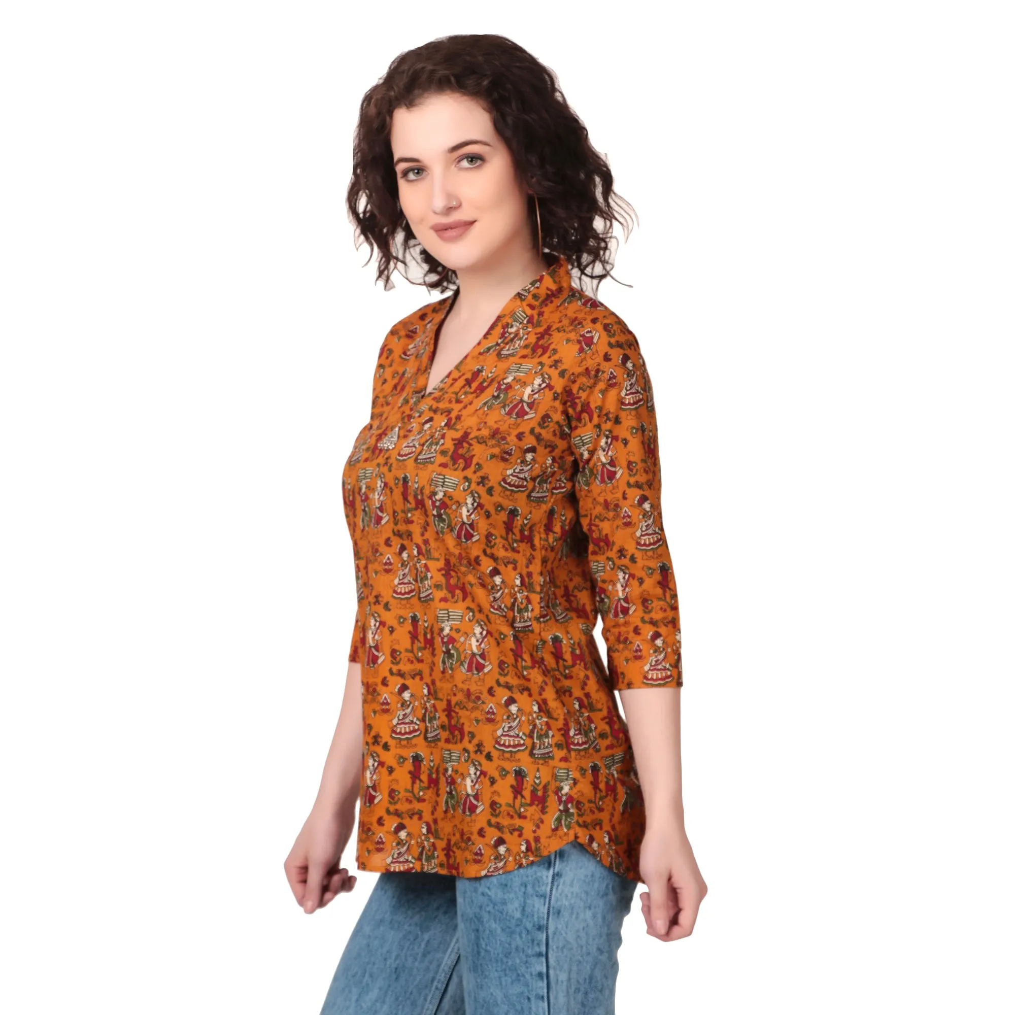 Magnetism Yellow Kalamkari Short Kurti for Women