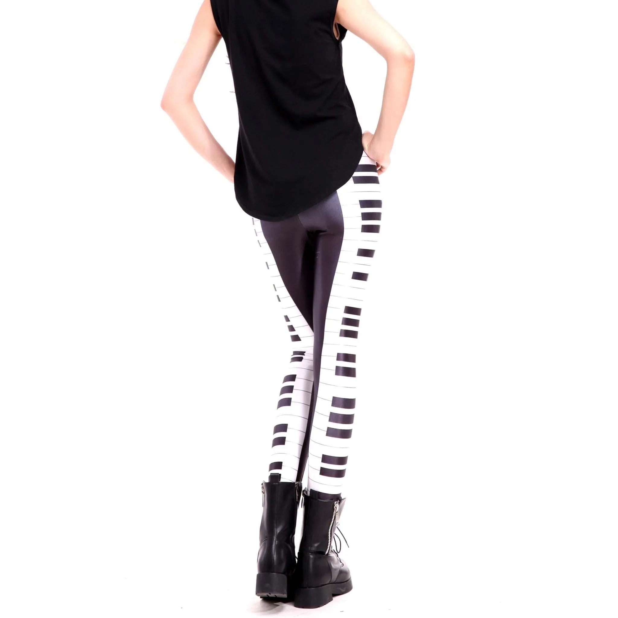 Piano Musical Keys Seams Digital Print Legging Pants for Women in Black and White