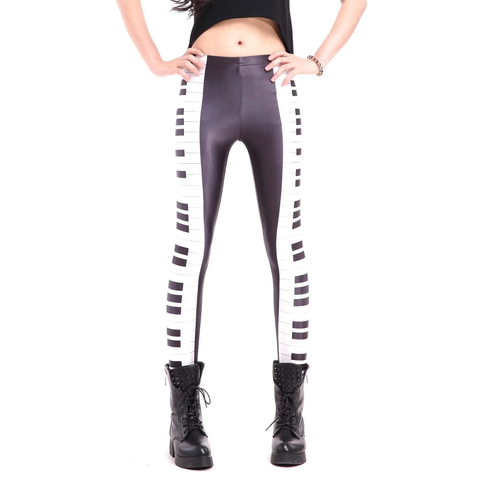 Piano Musical Keys Seams Digital Print Legging Pants for Women in Black and White