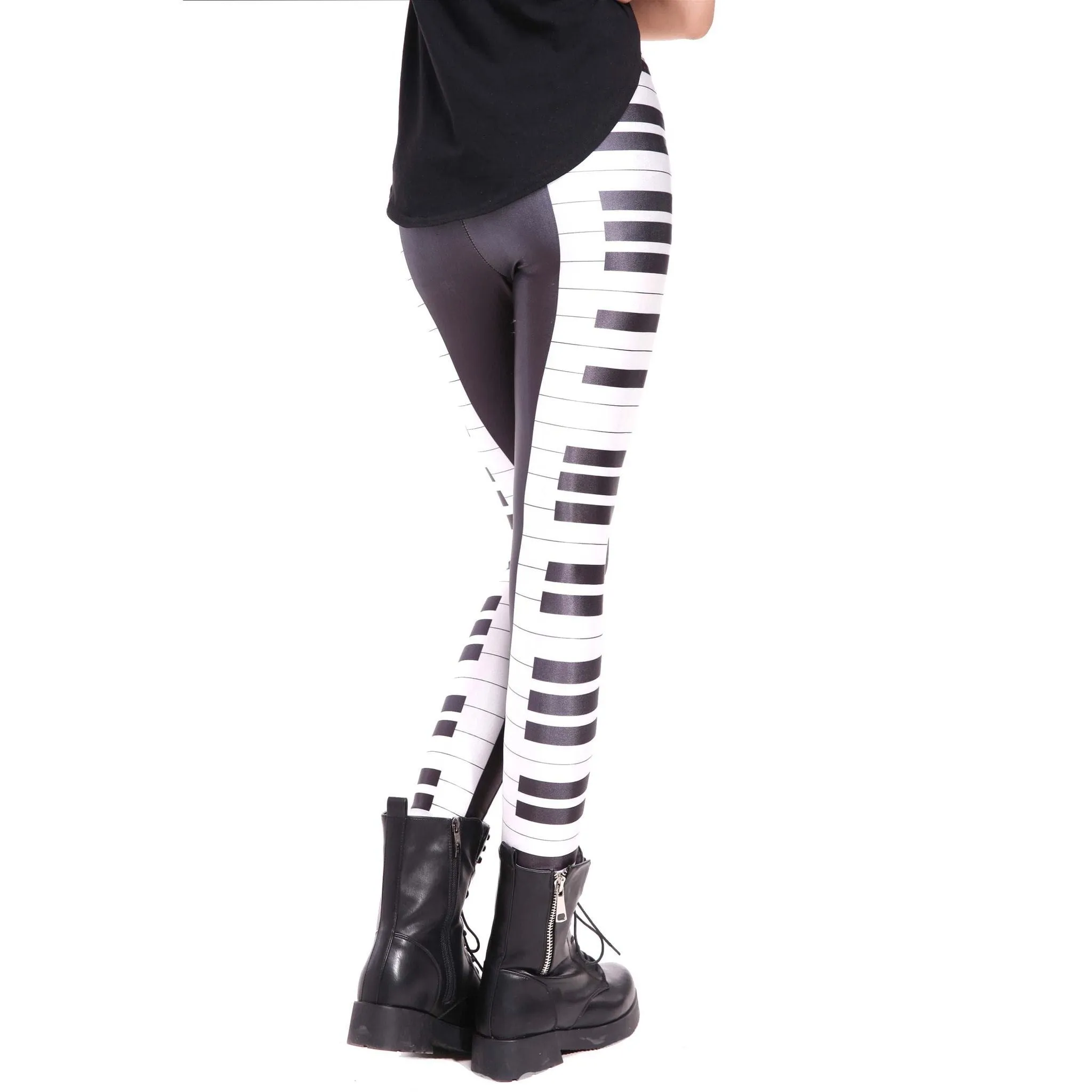 Piano Musical Keys Seams Digital Print Legging Pants for Women in Black and White