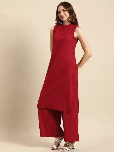 Red Solid Rayon Casual Wear Kurti Pant Set Of 2