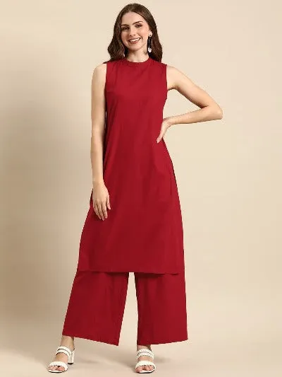 Red Solid Rayon Casual Wear Kurti Pant Set Of 2