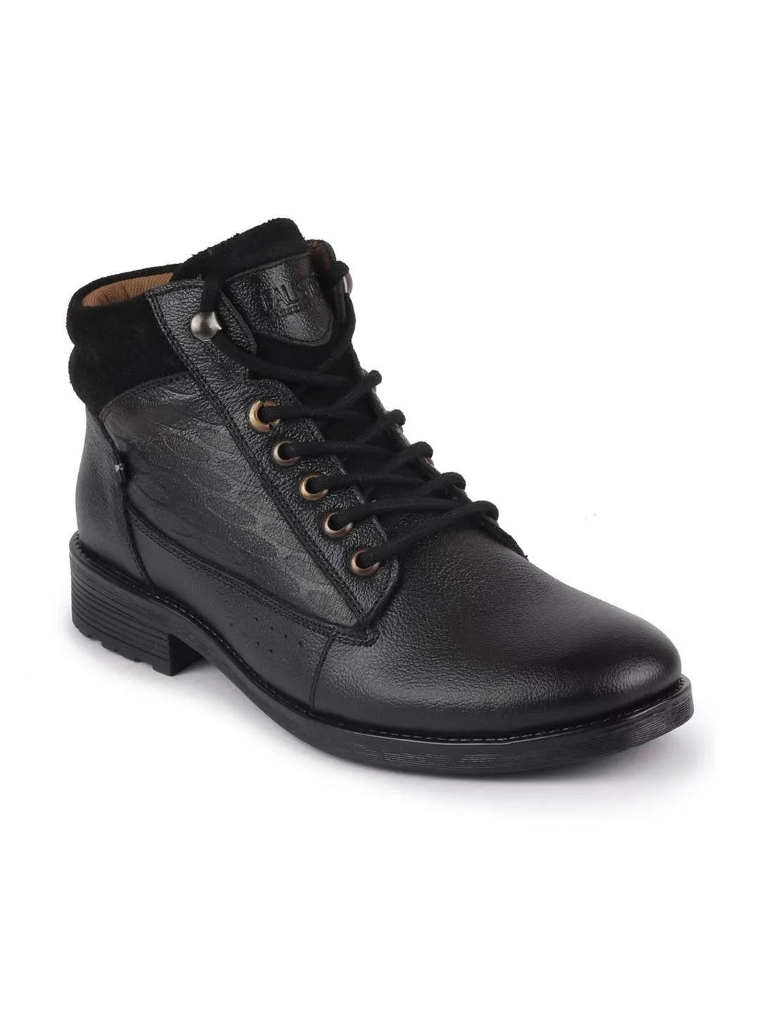 Men Black Leather Lace Up Mid Top Boots