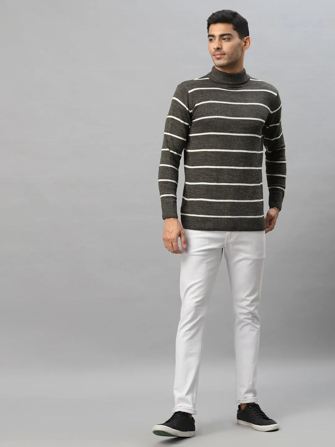 Style Quotient Men Brown & White Striped Pullover