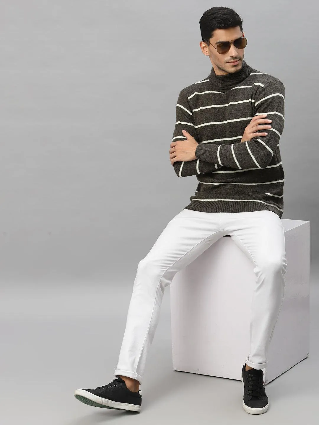 Style Quotient Men Brown & White Striped Pullover