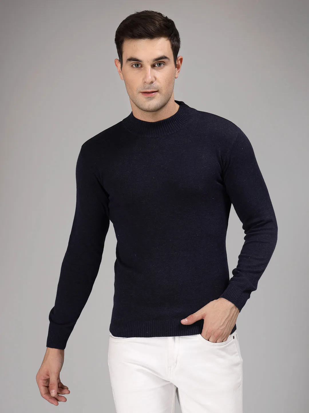 Style Quotient Men Solid Dark Blue Knitted Regular Sweater