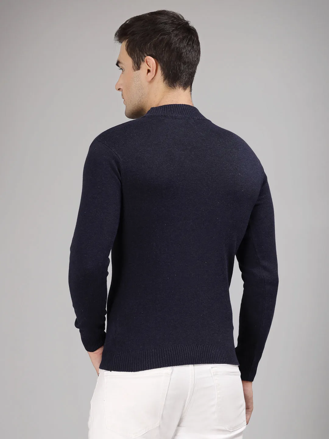 Style Quotient Men Solid Dark Blue Knitted Regular Sweater