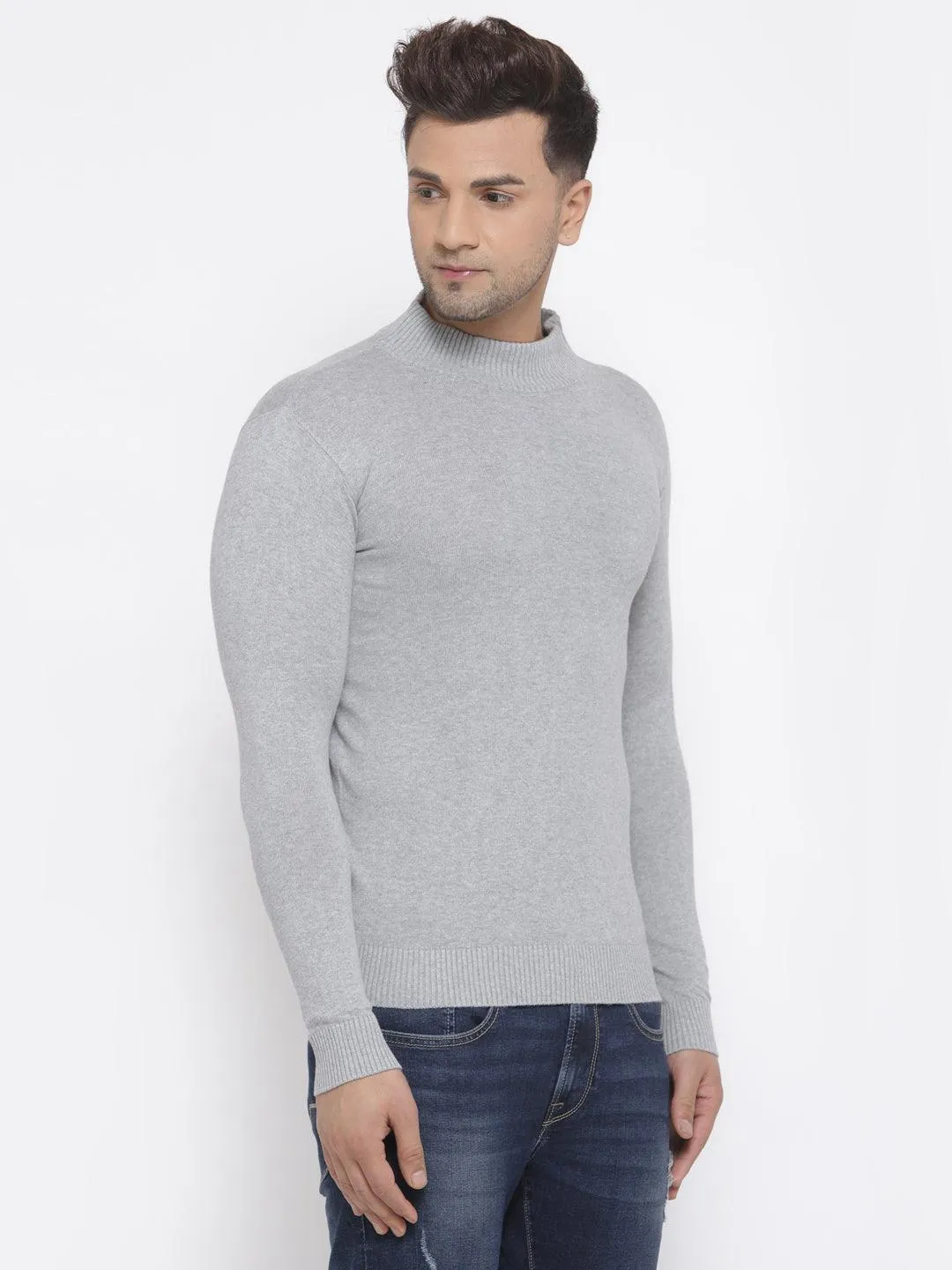 Style Quotient Men Solid Grey Knitted Regular Sweatshirt