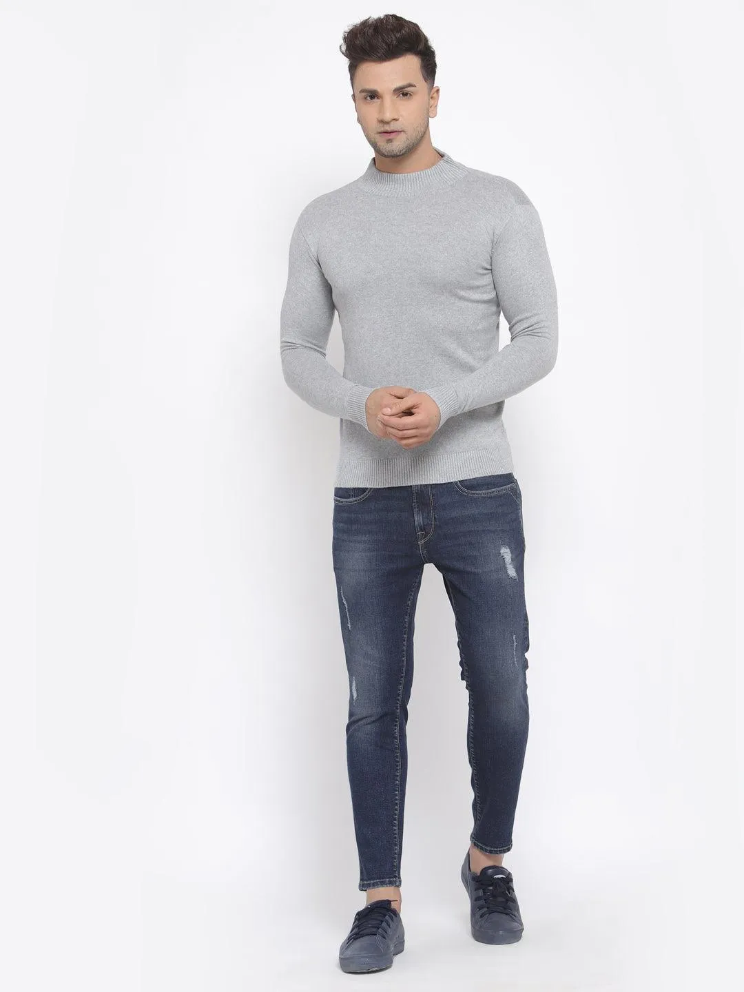 Style Quotient Men Solid Grey Knitted Regular Sweatshirt