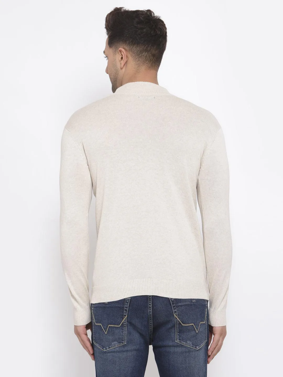 Style Quotient Men Solid Off White Knitted Regular Sweatshirt