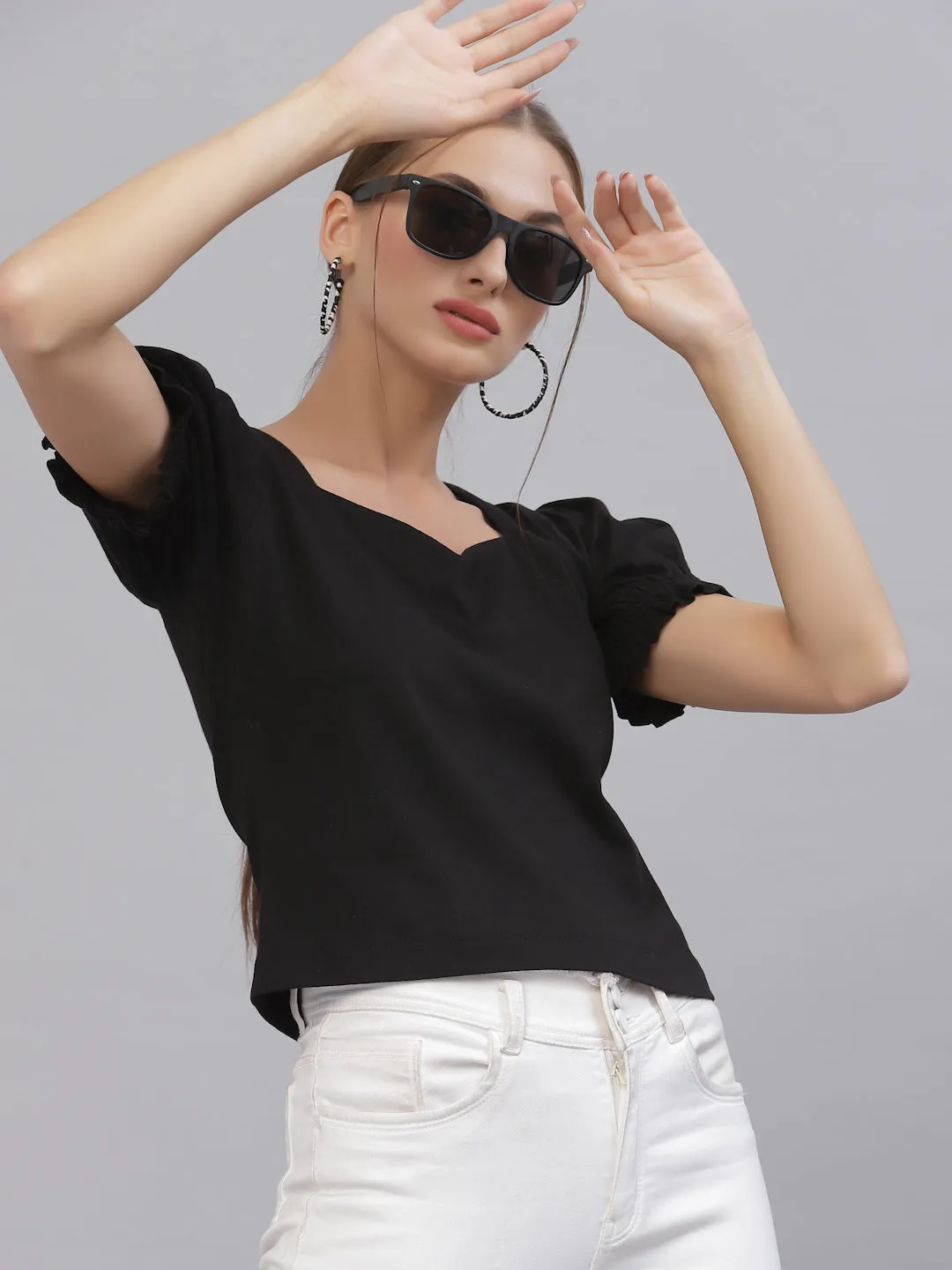 Style Quotient Women Black Solid Pure Cotton Sweetheart Neck Top