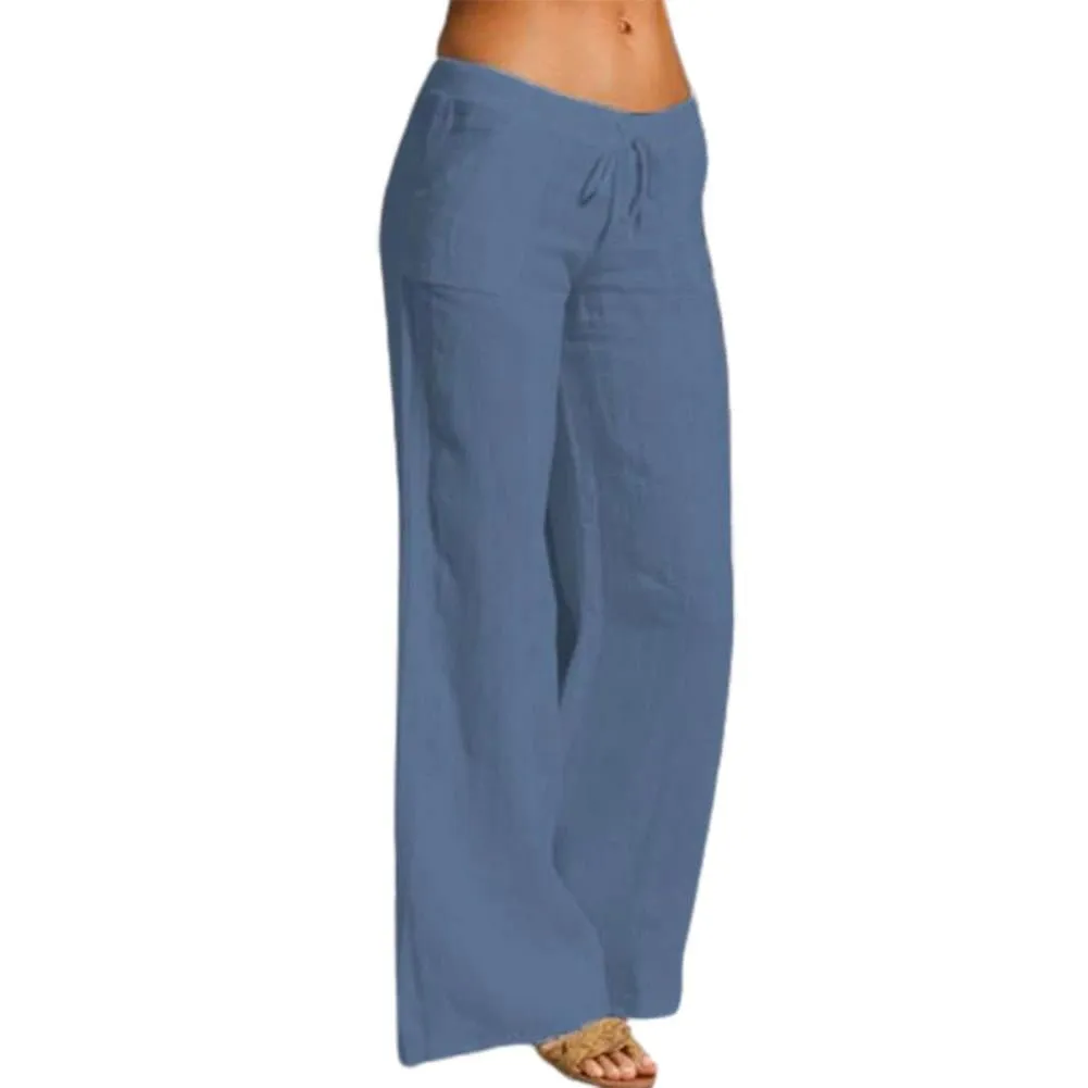 Vintage Linen Pants Long Casual Loose Wide Leg Pants Elastic Waist