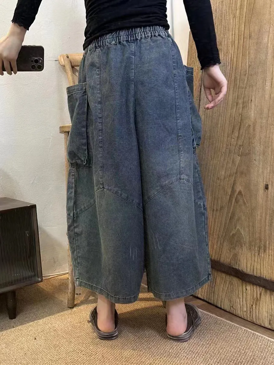 Women Retro Large Pocket Loose Wide-leg Denim Pants