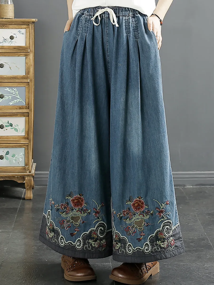 Women Summer Ethnic Embroidery Denim Wide-leg Pants SC1045