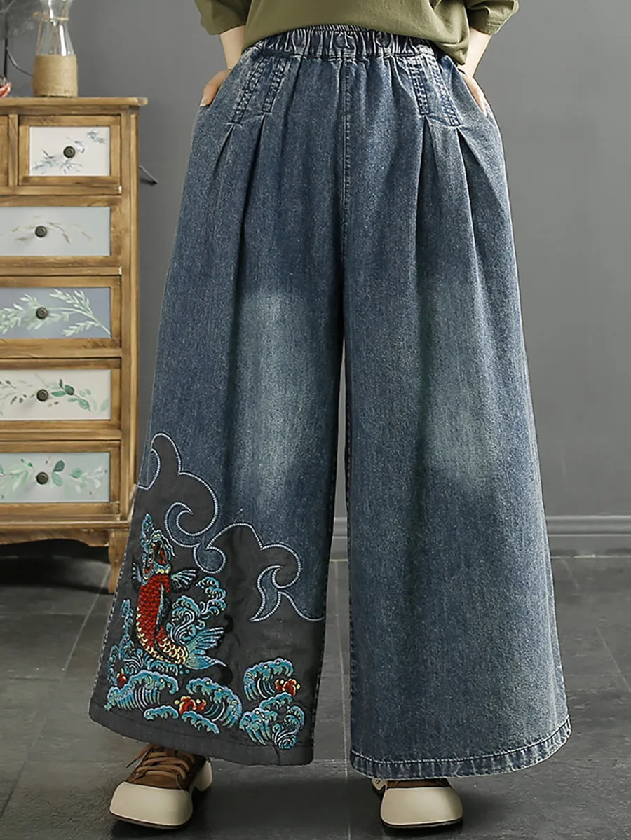 Women Summer Vintage Koi Embroidery Wide-leg Denim Pants CO1049